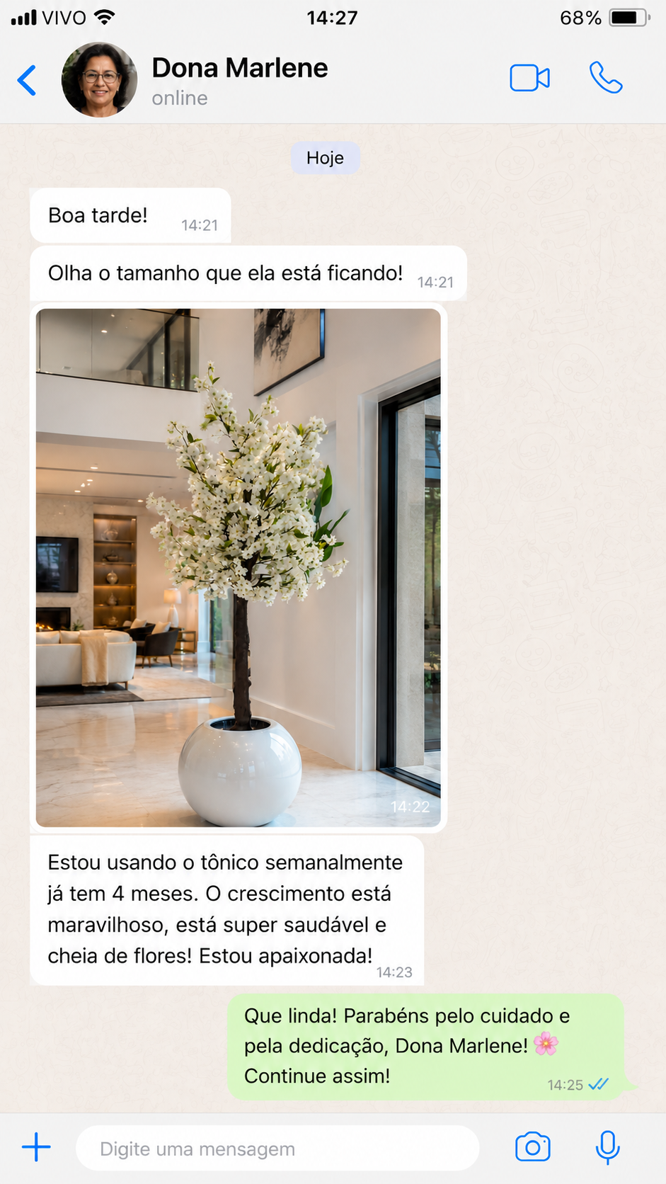 Depoimento sobre uma planta saudável e cheia de flores